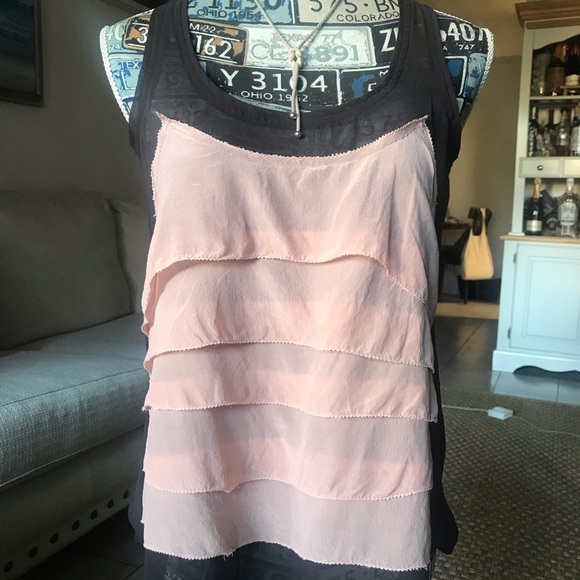 silk ruffles top in brown and peach Small - Picture 3 of 9